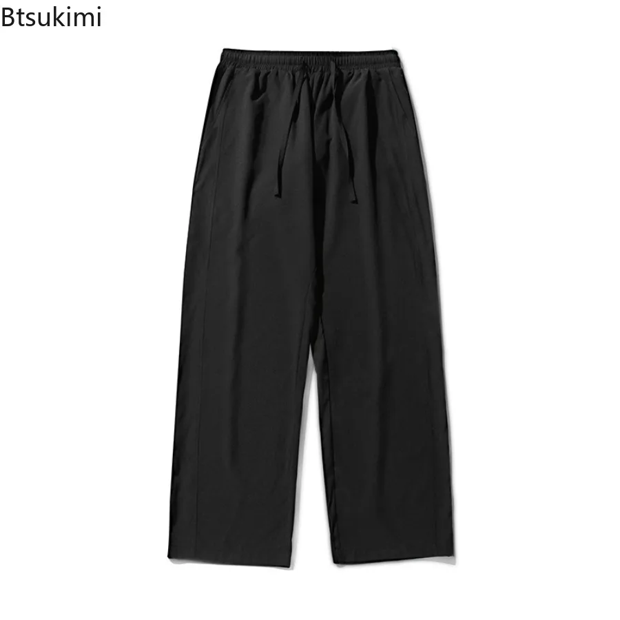 2025 New Summer Ice Silk Casual Pants Men Lightweight and Breathable Fashionmiddle Waist Slacks Straight Loose Drape Trousers