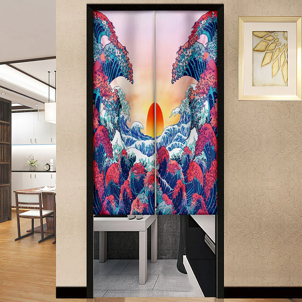 Japanese Style Waves Sunrise Print Door Curtain Bedroom Kitchen Living Room Partition Home Entrance Hanging Half-Curtain Decor