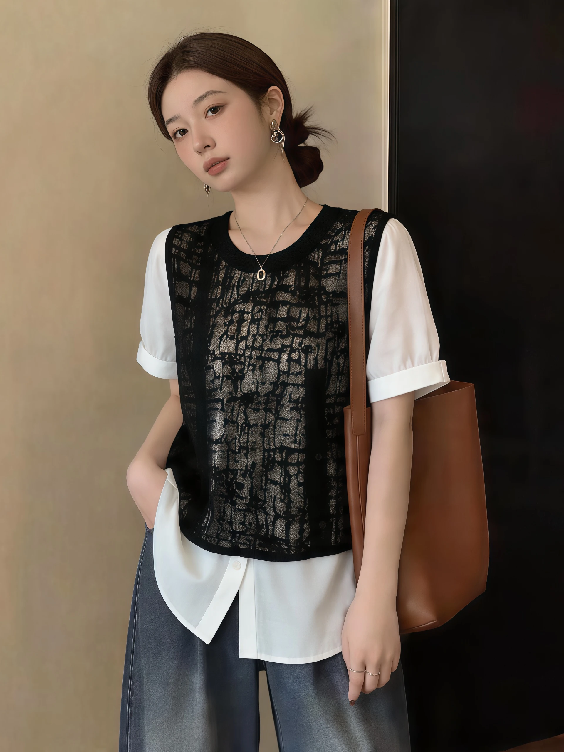 

Fashionable Lace Short Sleeve Shirt Women's plus Size Spring Summer New Style Korean Version round Neck Casual Comfortable Top