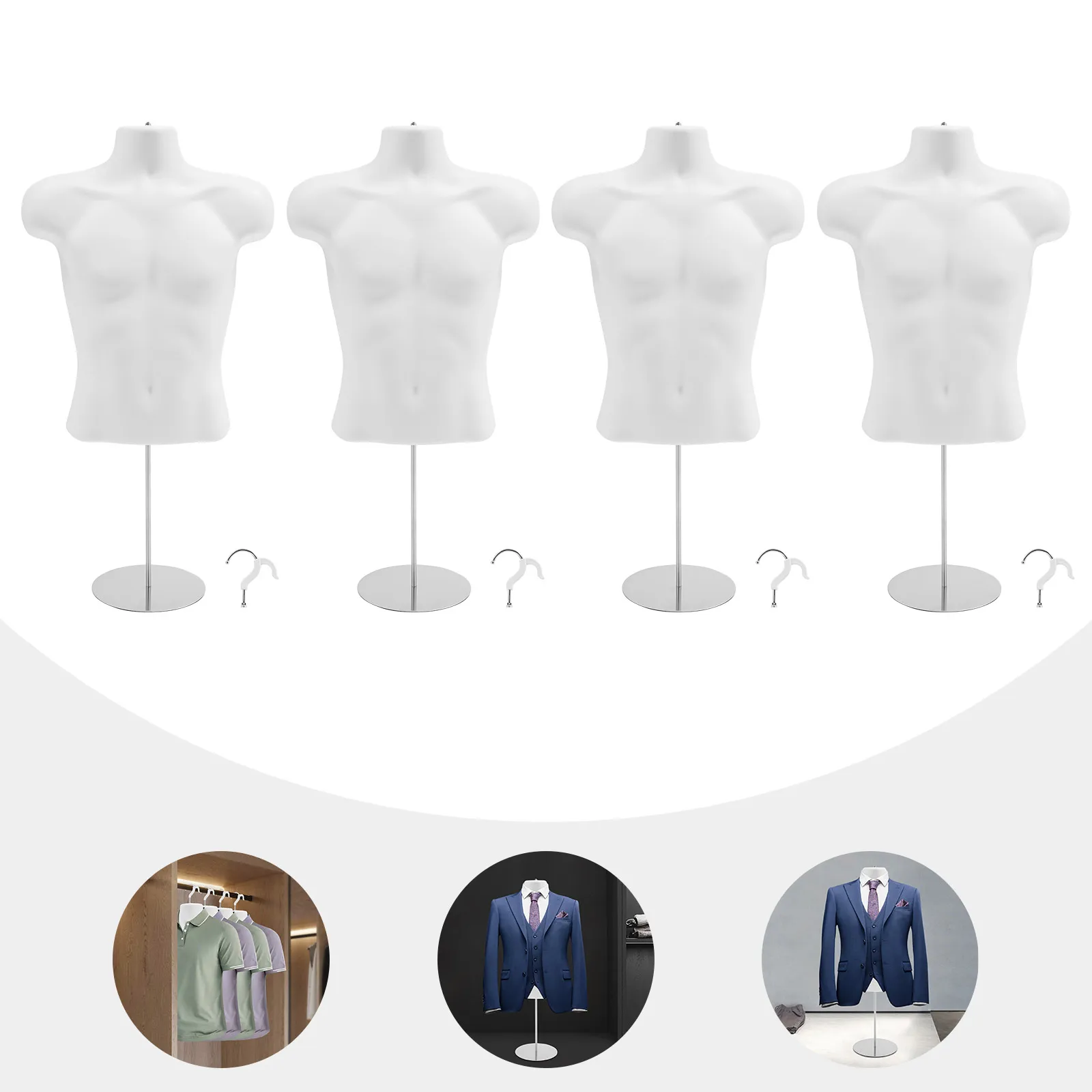 

4 Pack White PP Male Mannequins,Hollow Back Maniquin Body Adjustable Height Freestanding for Households,Retail Stores