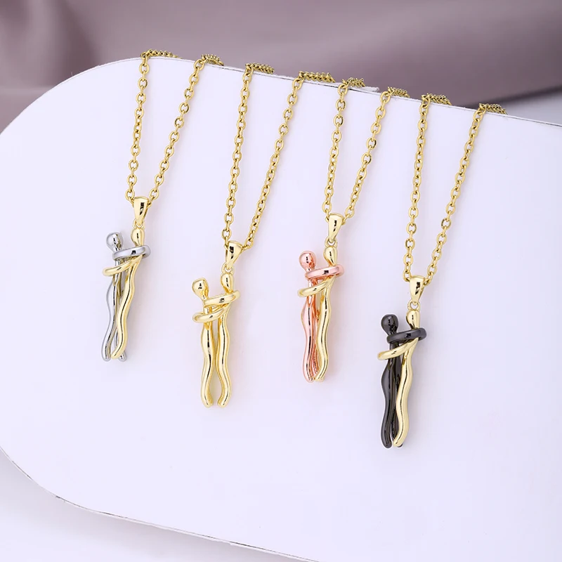 Fashion Stainless Steel Chain Gold Plated Copper Lovers embrace Pendant Necklace Charm Female Party Birthday Anniversar Jewelry