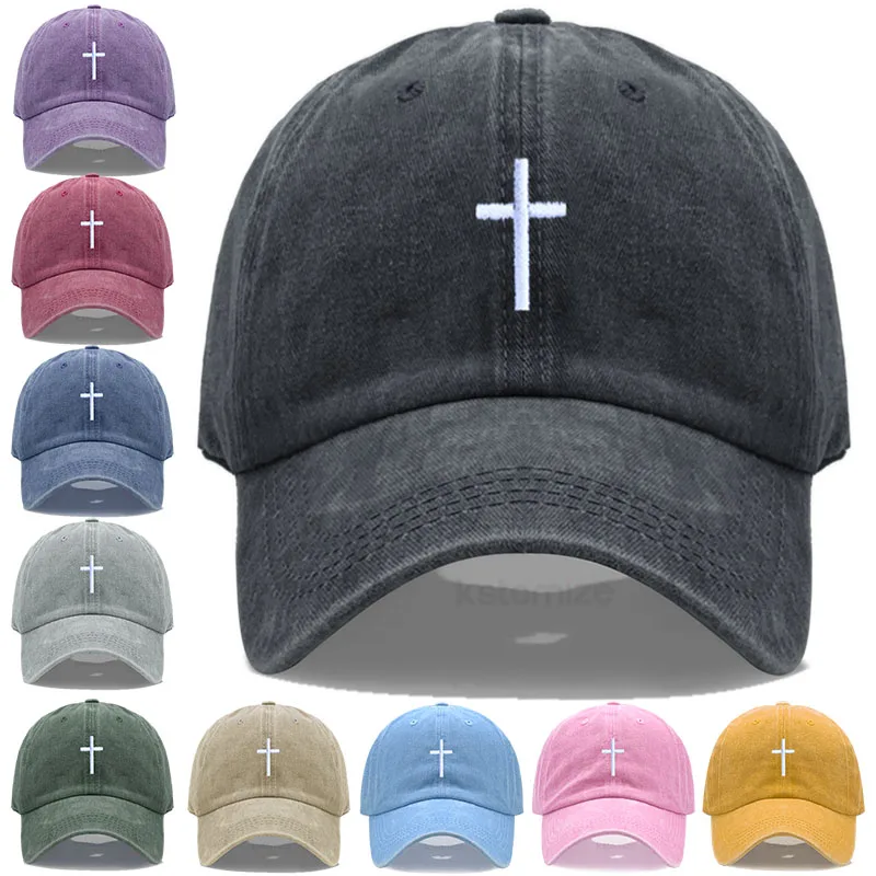 Baseballkappe mit Kreuz-Stickerei für Damen und Herren, modisch, verstellbar, aus gewaschener Baumwolle, Unisex, klassische Golfkappe