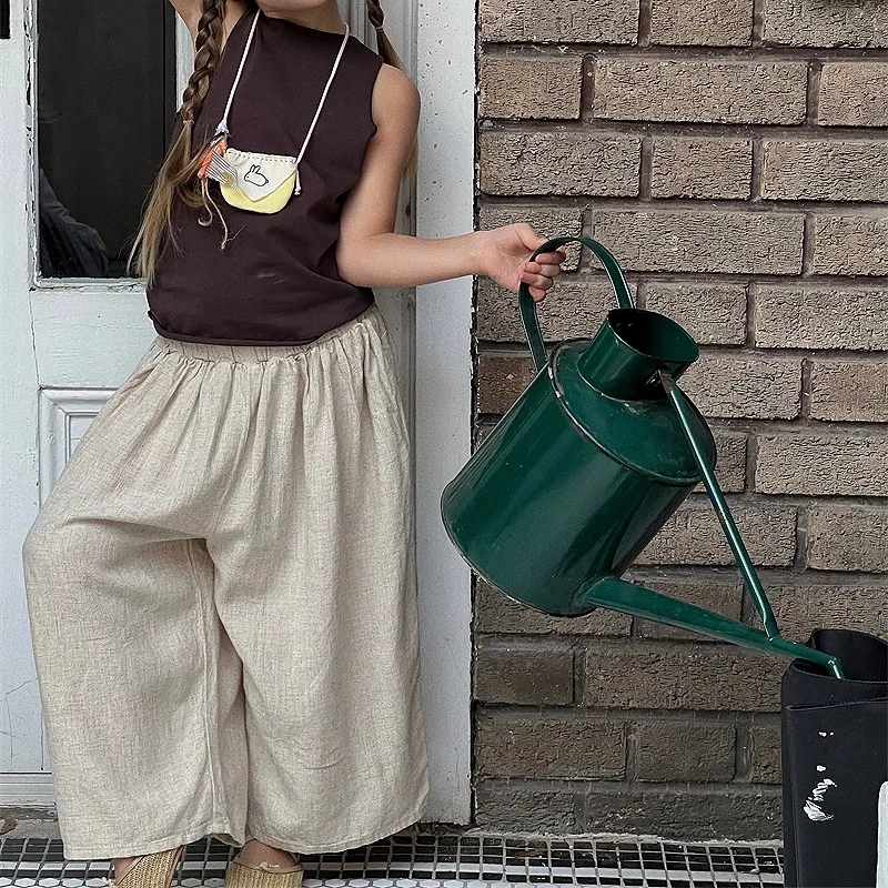 

Girls Trousers 2024 Korean Style Summer New Solid Color Wide Legs Simple Loose Comfortable Fashion Summer Children Trousers