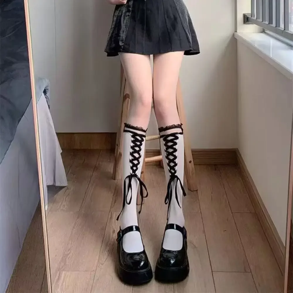 Spitze Lolita kniehohe Spitzenstrümpfe neue freie Größe Nylon Gothic schwarze Schnürsocken JK Wadensocken