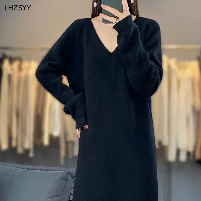 LHZSYY 2023 Autumn Winter New 100%Pure Wool Knit Long Skirt Women\' V-Neck Loose Dress Casual Warm Jumper Cashmere Base Shirt Top