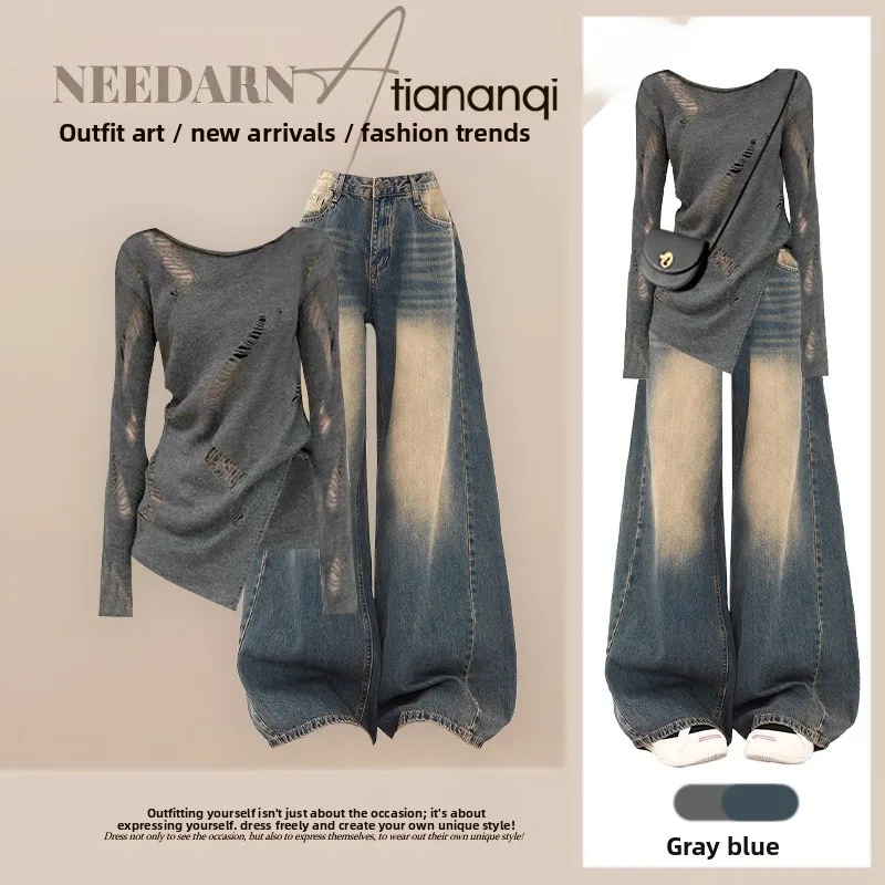 

Casual Autumnal Women's Outfit Sexy Distred Long Sve Top And Slimming Jeans Two-Piece Set Faionable Hole Design