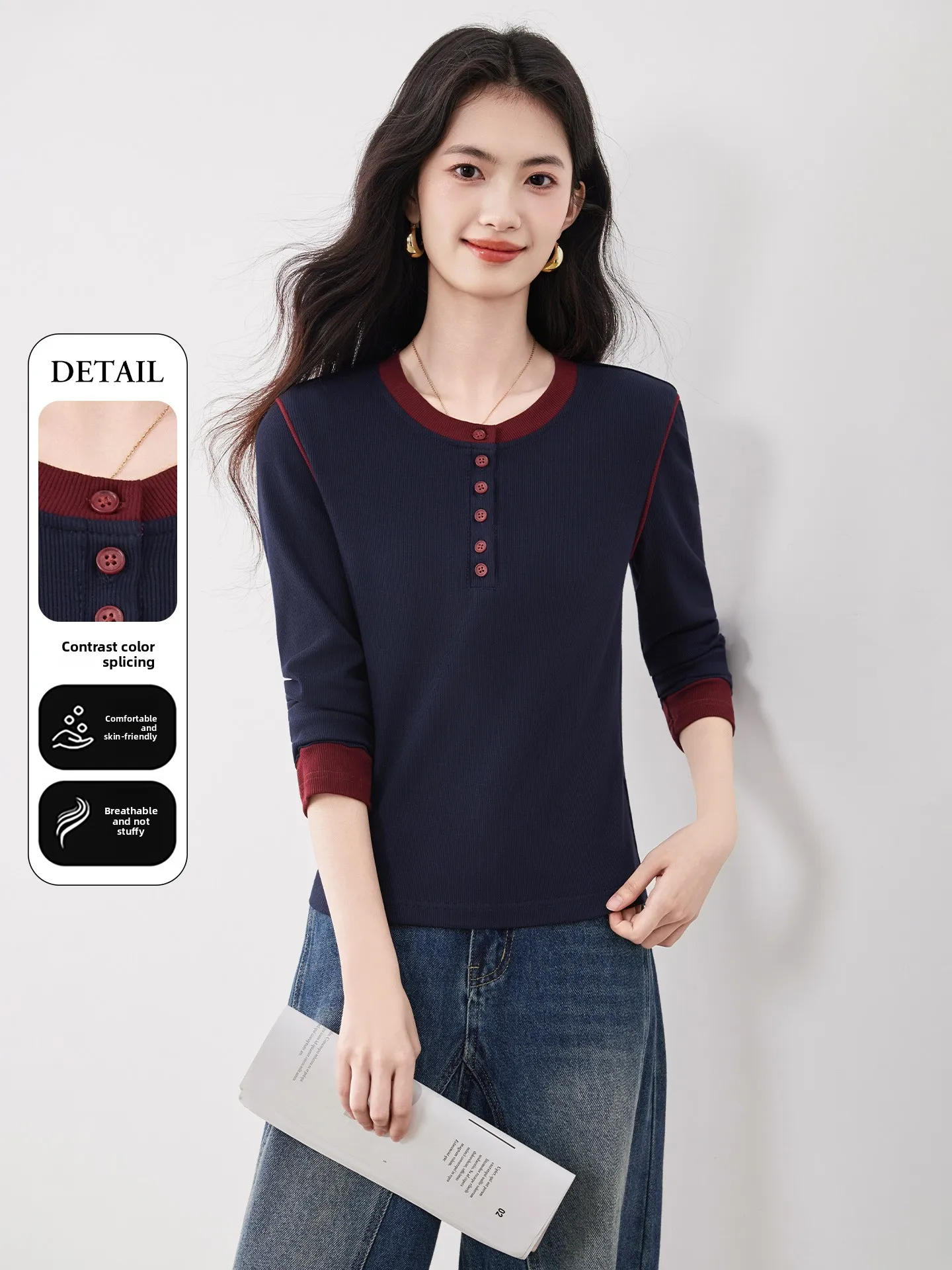 

Женский трикотажный лонгслив Xin Fei Yu Faion Color Blo с длинным рукавом, базовый слой, повседневный стиль, весна 2026, для комфортных поездок на работу