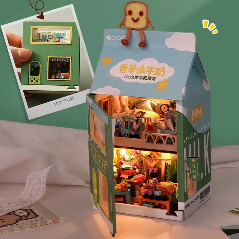 DIY Wooden Dollhouse Mini Strawberry Cake Milk Box Cabin Miniature With Furniture Kit Assemble Toys for Children Girl Gift Casa