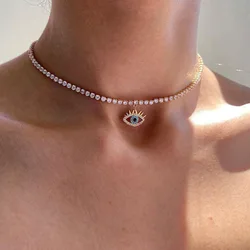 Hip Hop Crystal Eye Pendant Necklace Vintage Choker Punk Acrylic Crystal Zircon Chain Necklace For Women Jewelry Gift