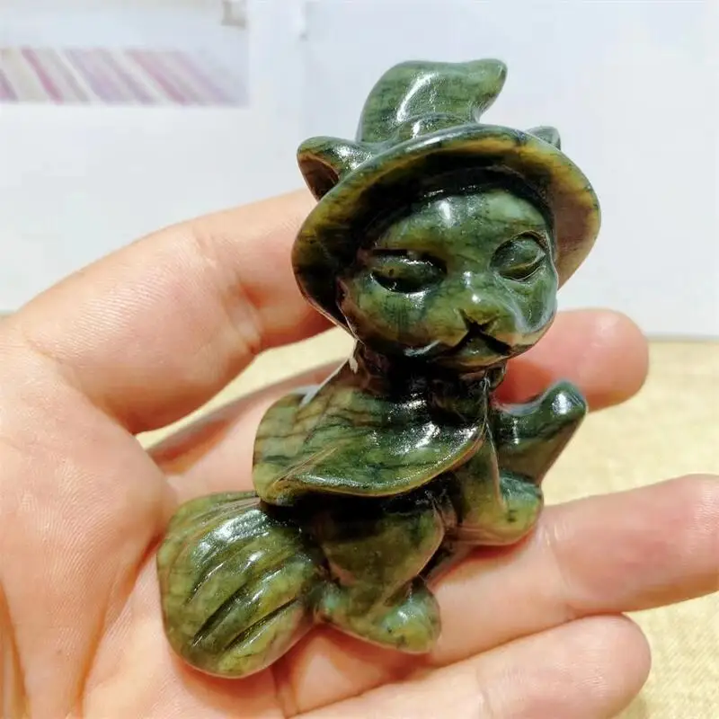 6.8cm Natural Serpentine Halloween Wizard Cat Carving Crystal Healing Home Decor Creative Christmas Gift 1pcs