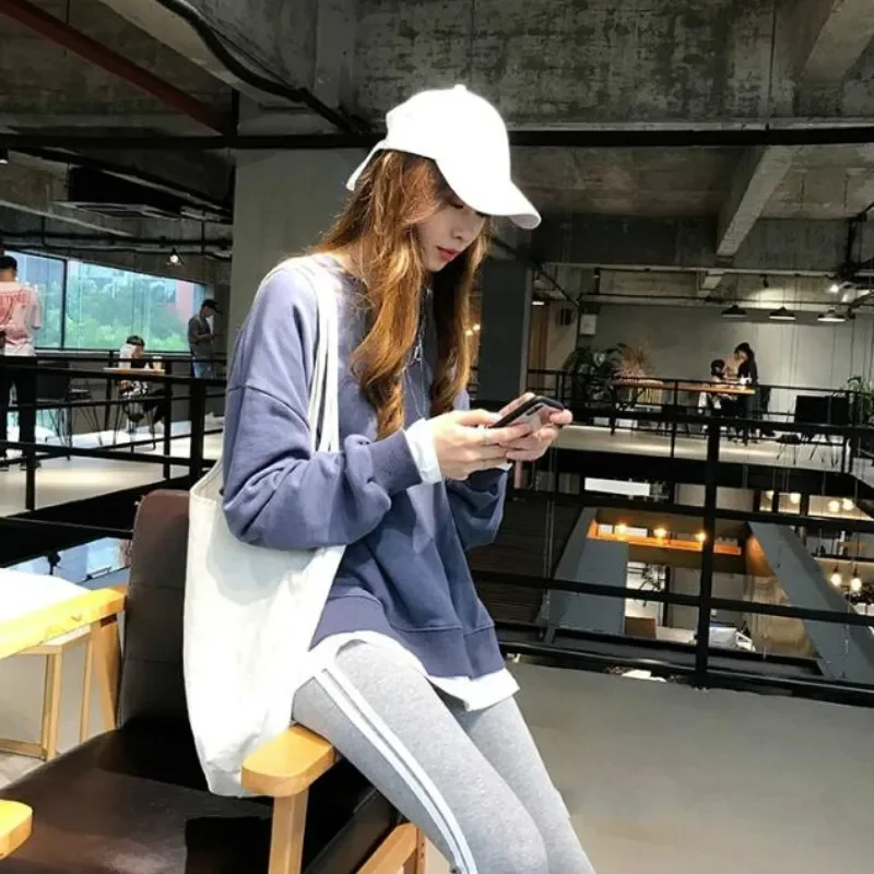 Hoodies Women Soft Thin Korean Style Loose Long-sleeved O-neck Ulzzang Solid Streetwear Minimalist Womens Clothing Chic Casual