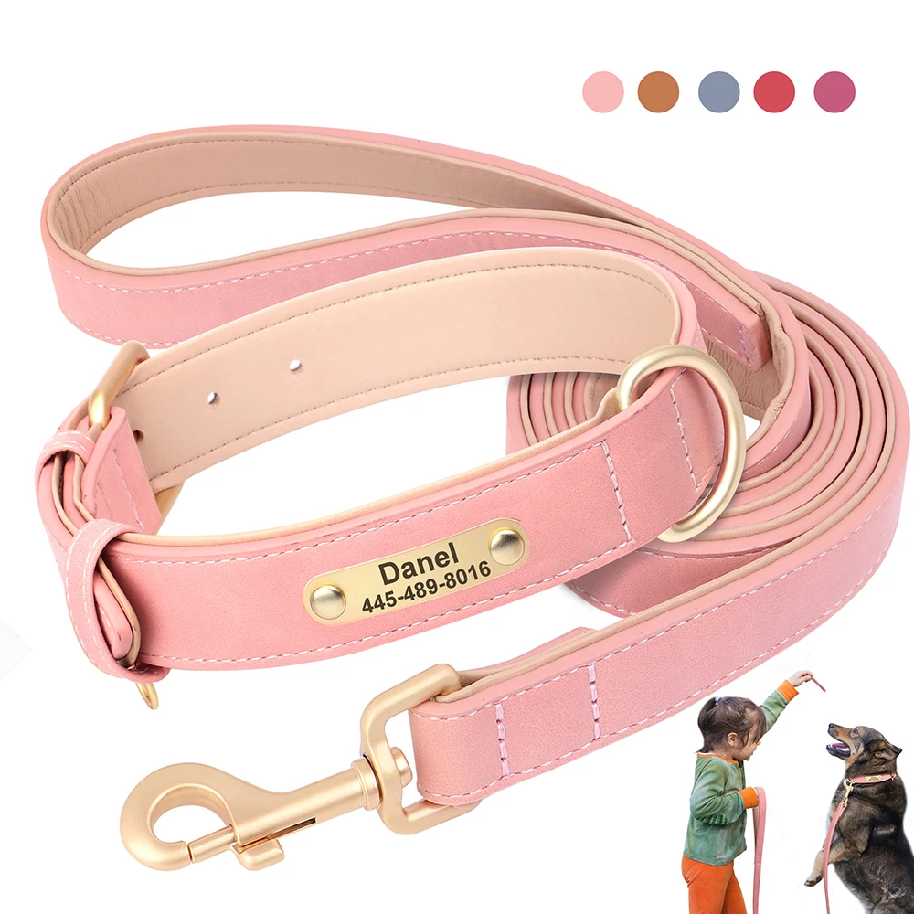 Personalized Dog Collar Leash PU Leather Dog Collars Pet Walking Lead Rope For Small Medium Large Dogs Free Custom ID Nameplate