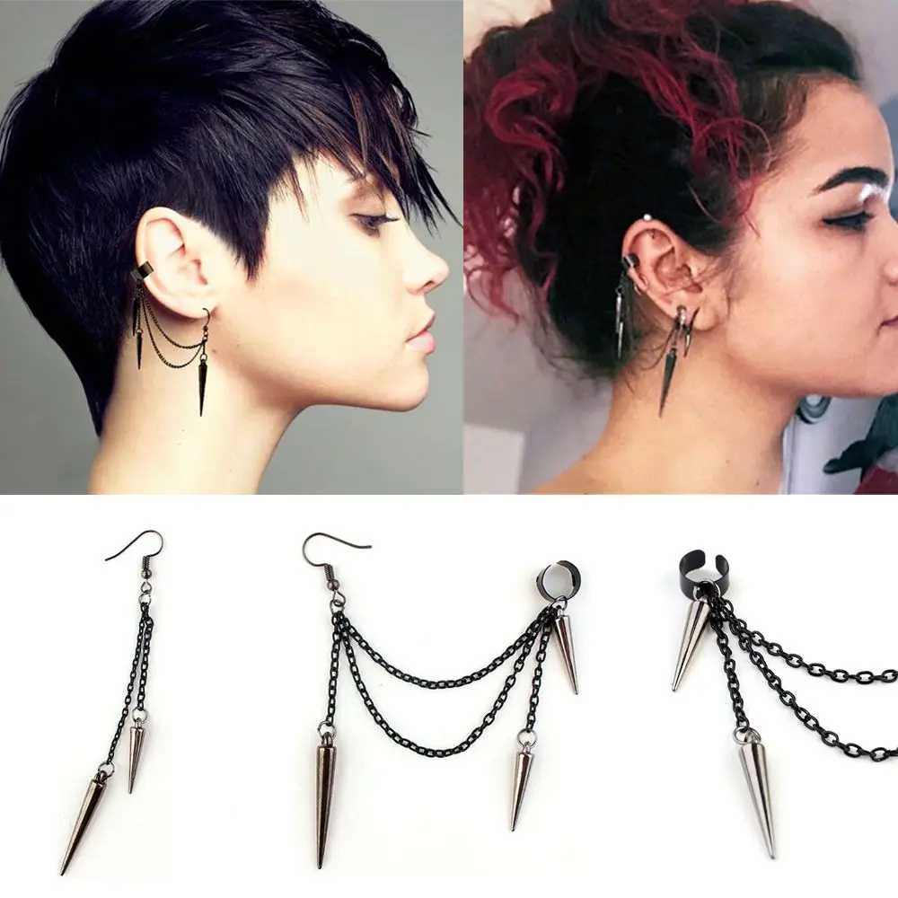 1 pair Vintage Party Gothic Drop Long Tassel Hip Hop Ear Clip Ear Stud Rivet Punk Earrings