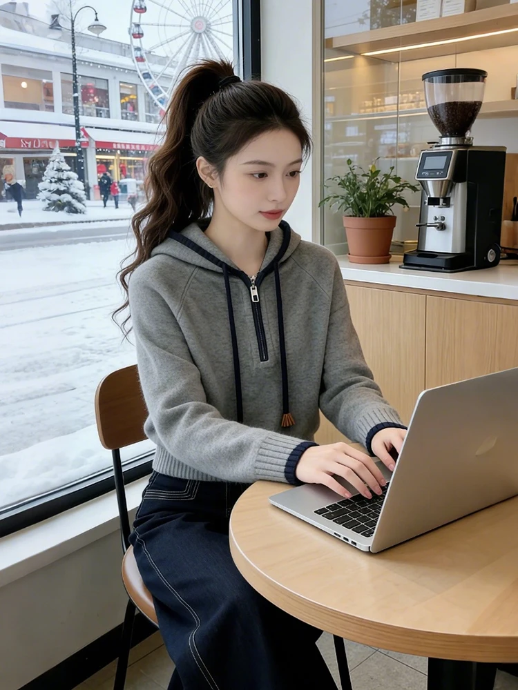 

Slimming Effect Knitted Sweater Women's Dstring Sle f Zipper Hoodie Comfortable Korean Loose Fit Spring Autumn New Ar...