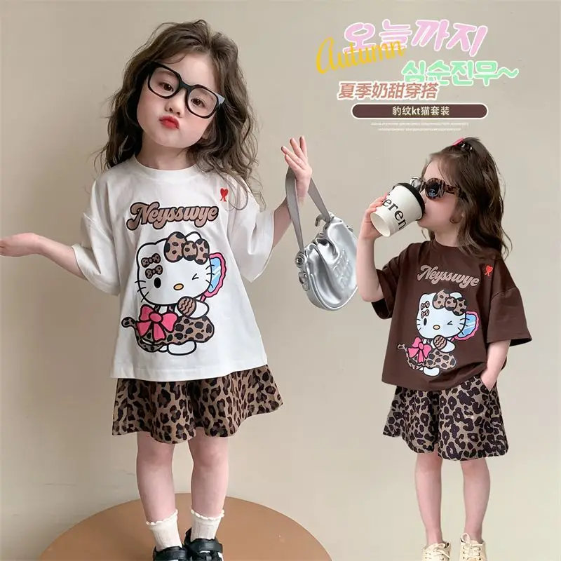 

Anime Figure Kawaii Hello Kitty 2Pcs Short Sleeve T-Shirt Shorts 2025 Summer Sports Leisure Fashion Girl Printing Leopard Print