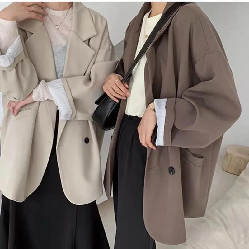 Blazer marrón de manga larga para mujer, Chaqueta de traje informal de gran tamaño, estilo Vintage, elegante, a la moda, para primavera y otoño, 2023