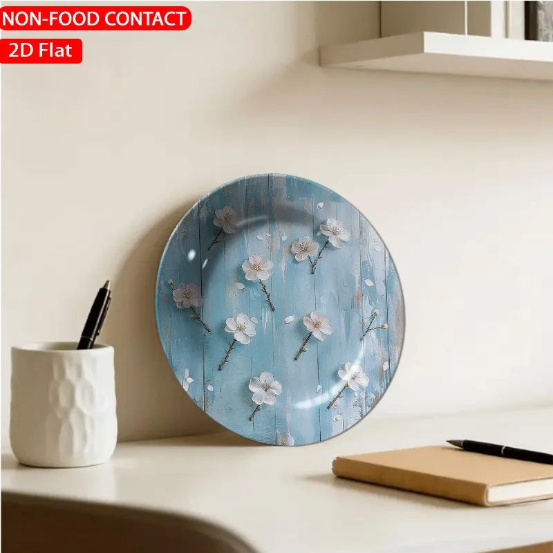 1pc Rustic Floral Blossom Blue Ceramic Plate - Non-Food Contact Suitable for Home Desk Decor, Elegant Table Centerpiece for