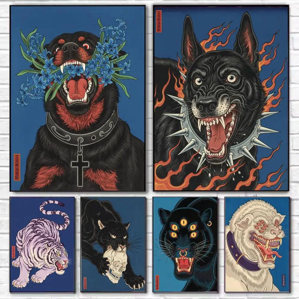 Japandi Dog HD Wall Art Poster Exsiloris Style Black Dog Fire Vintage Japanese Tattoo Art Retro Animal Home Decor Bedroom Gift