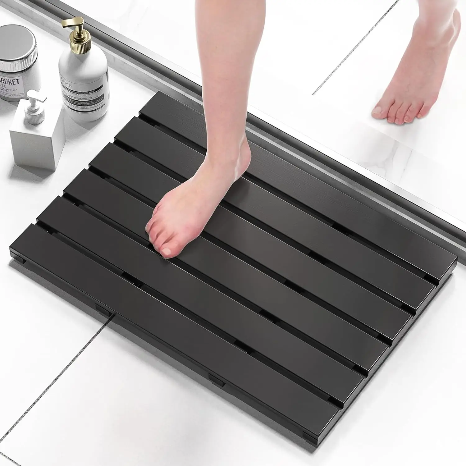 

Non-Slip Waterproof Bamboo Bath Mat for Indoor Outdoor Use, Black, 21.26 x 14.17 x 1.3 Inches