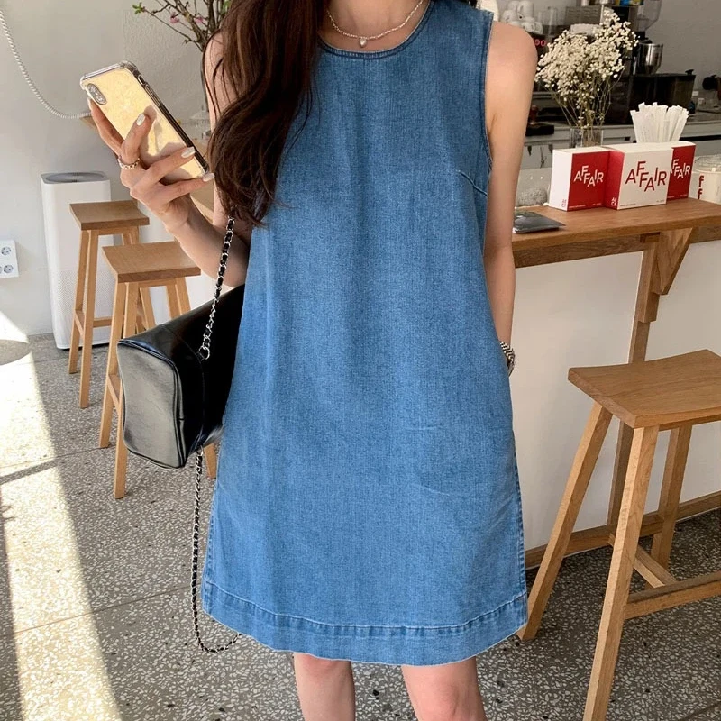 Denim Women's Dresses for 2026 Summer Loose O-Neck Simple Lady Vestidos Sleeveless Jeans Female Robe Clothing KE805 - view 4