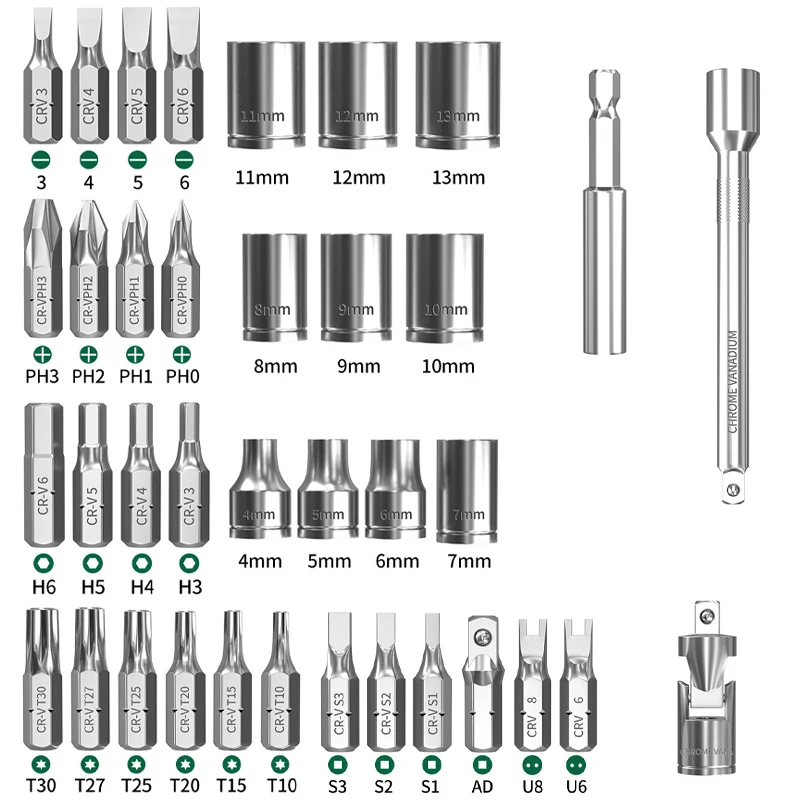 Home repair hand tool kit, drill bit extension rod adapter, screwdriver socket bidirectional ratchet wrench 40 PCS set