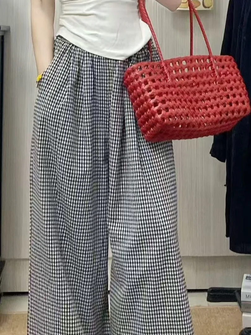 Pantalones de pierna ancha adelgazantes Algodón Lino Encaje a cuadros Madera ain Ear Primavera Verano Casual Pantalones largos de cintura alta Faionable Mujer...