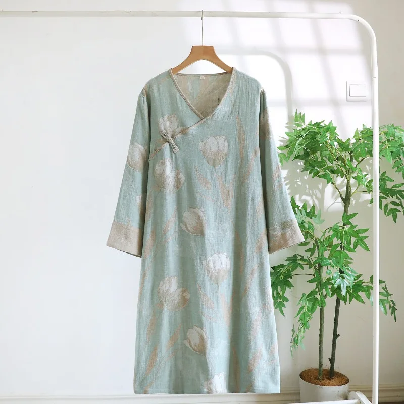 Chinese-style Yarn-dyed Pure Cotton Nightgown Women's Thin Gauze Loungewear Autumn Retro Long-sleeved V-neck Loose Sleep Dress