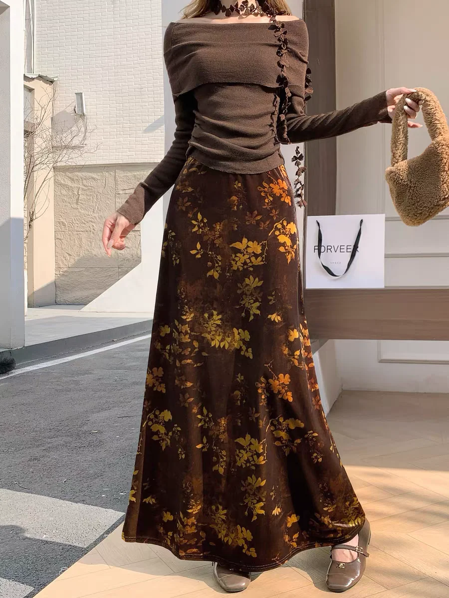 

Vintage Floral Velvet Mermaid Skirts for Women 2025 New Elegant High Waisted Bodycon Maxi Skirt, Slimming Fall Winter Fashion