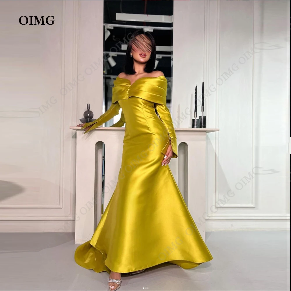 

OIMG Green/Gold Mermaid Prom Dress Off Shoulder Formal Satin Evening Dress for Women Saudi Arbaic Long Cocktail Party Dress