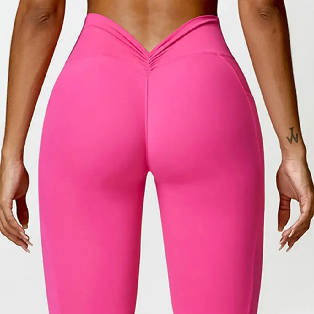

New High Waist Leggings With Pockets Solid Women's Push Up Yoga Pants Fitness Hip Lifting Leggings Exercise Sports Peach Tights