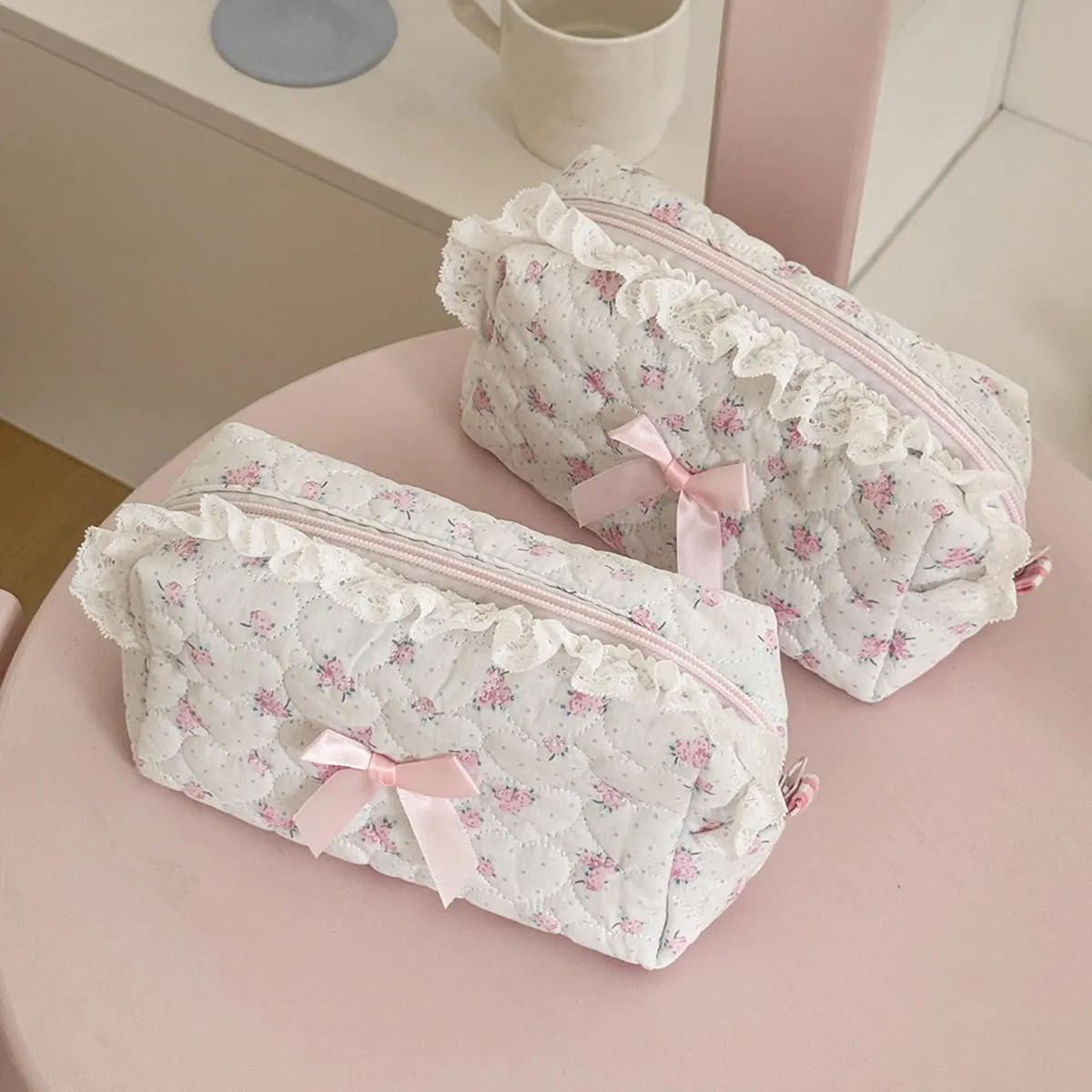 Bolsa de Maquillaje Pequeña de Encaje con Flores Rosas para Mujer, Organizador de Viaje, Monedero Cosmético, Bolsa de Mano, Cartera Cuadrada con Lazo Bonito para Niñas
