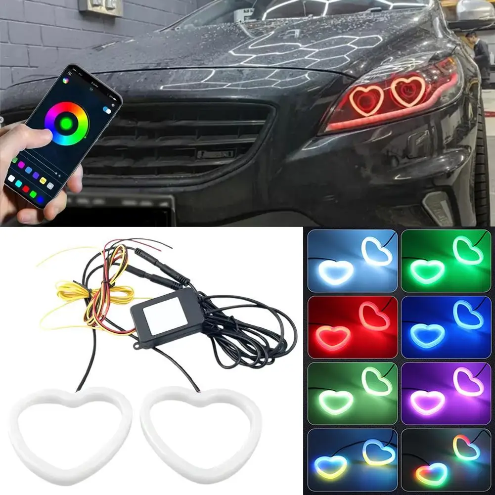 Car Angel Eyes RGB LED Love Light 12V Led Headlight DRL Motorcycle Angel Eye Heart Shaped With Amber Turning Light