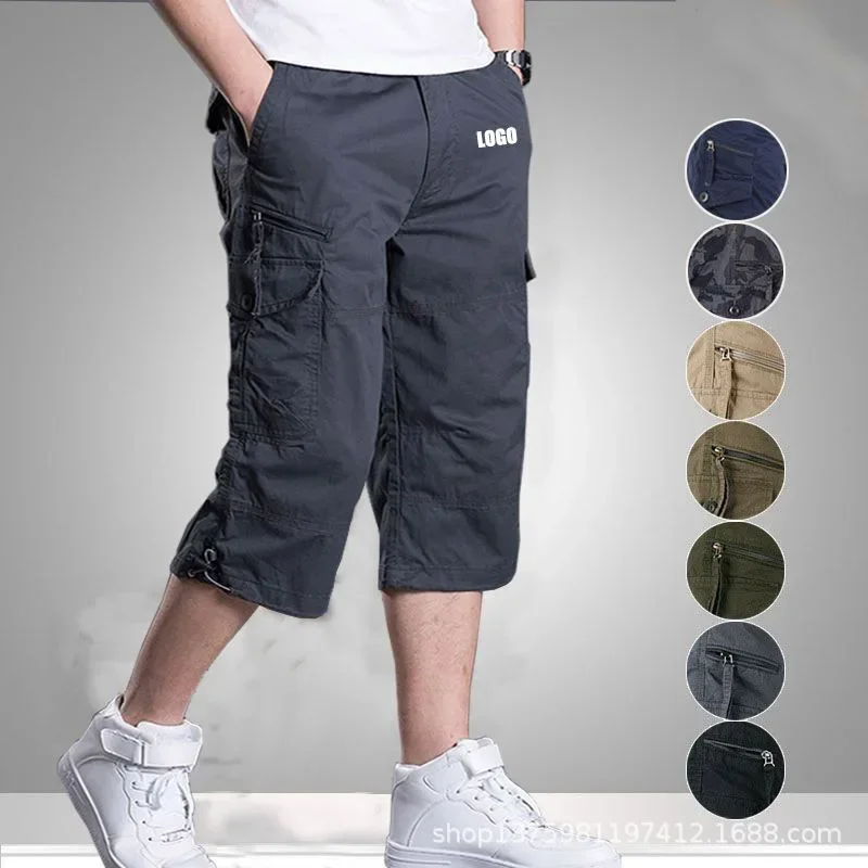 Pantalones cortos con logotipo personalizado, monos de material de algodón para hombre, pantalones medianos, pantalones cortos deportivos informales sueltos y finos con múltiples bolsillos para hombre