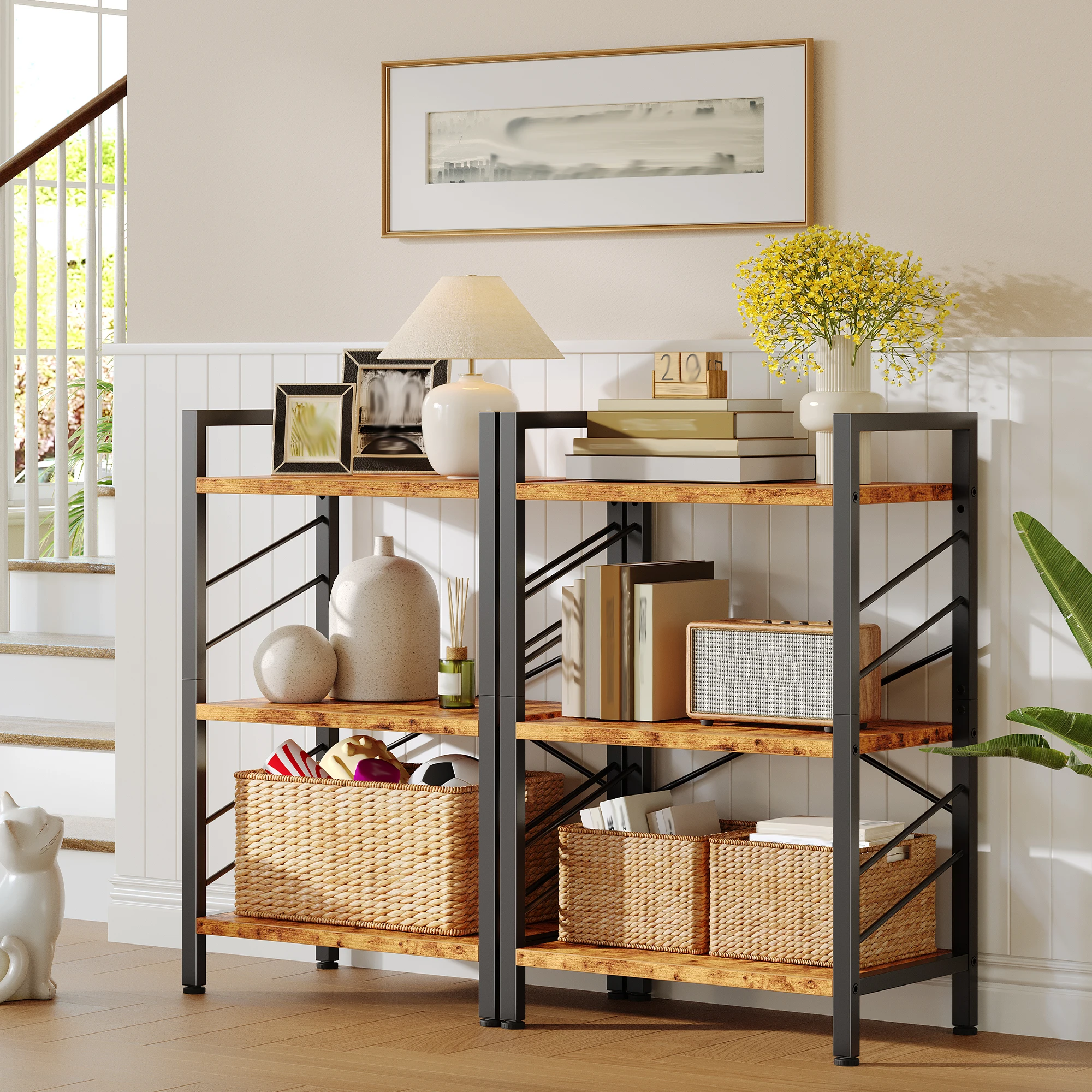 3 Tier Bookshelf, Industrial Bookcase With Metal Frame And Sidebars For Small Spaces - Modern Display Shelves, Storage Rack, Sidebars For Office, Living Room, Bedroom, Home, Retro Brown
