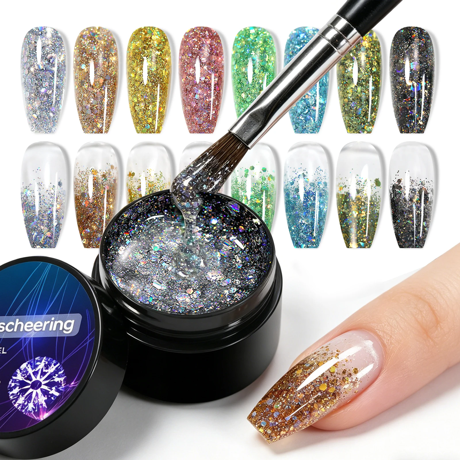 8 Farben Glänzender Diamant-Glitter-Pailletten Nagel-Gel-Lack Holographischer Funkelnder UV-LED Soak-Off Nagelkunst-Gel Nagellack für DIY-Salon