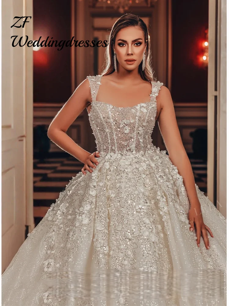 Maßgeschneidertes glänzendes ärmelloses A-Linie-Hochzeitskleid mit wunderschönen Blumen, Prinzessin-Brautkleid, Vestido de Noiva