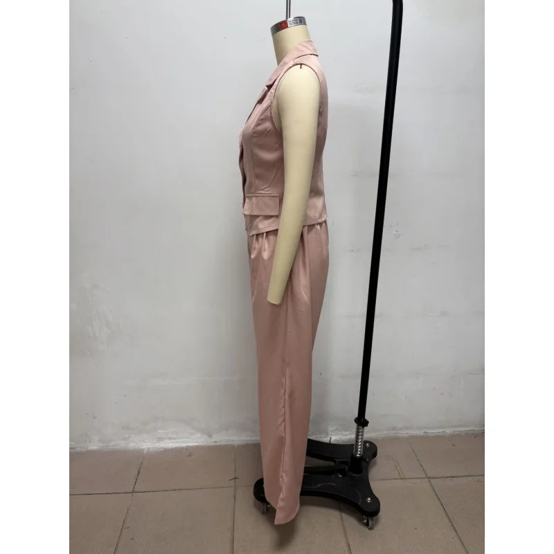 Damen 2-teiliges Outfit, ärmellose Weste mit Revers, hochtaillierte Hose mit weitem Bein, elegantes Büro-Formalanzug-Set, Business-Party-Partnerlook – Detail 8