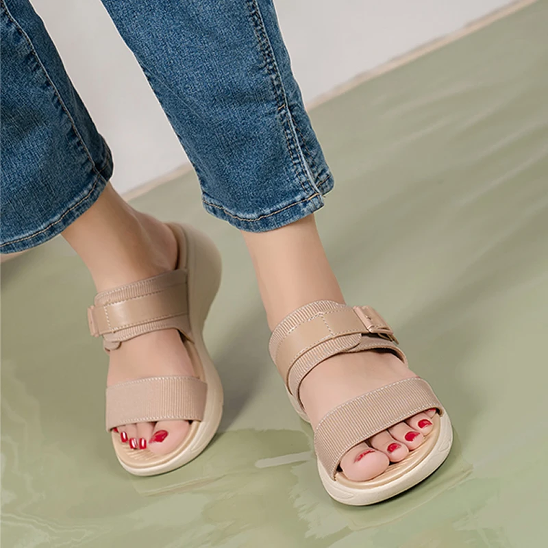 

Summer Women Beach 2cm Platform 5cm High Heels Slides Lady Wedges Lightweight Slippers Female Casual Barefoot Chunky Blue Shoes