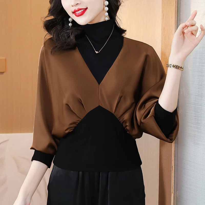 

Autumn Loose Long Lantern Sleeve Top Temperament Women Fashion French Style Shirts Turtleneck Office Lady Blouses Bat Clothes