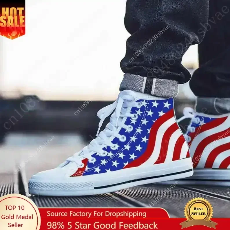

USA Flag High Top Shoes Mens Womens Teenager Sneakers Canvas High Quality Outdoor Daily Sneaker Custom Made Couple Shoe