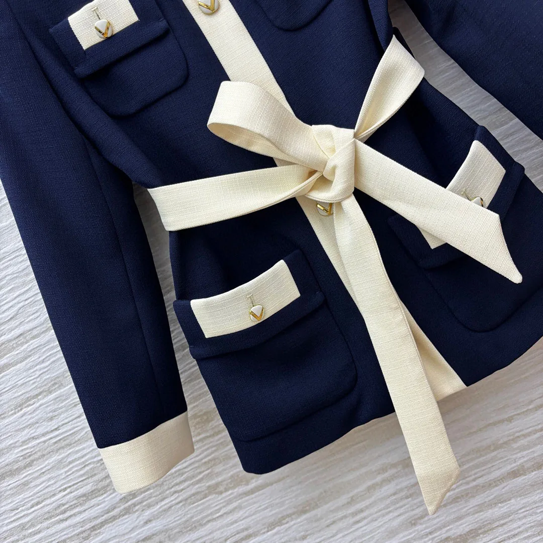 

2025 New Autumn Color Blocking Splicing Edging Vintage Jacket Women Preppy Style Lapel Long Sleeve Belt Single Breasted Coat