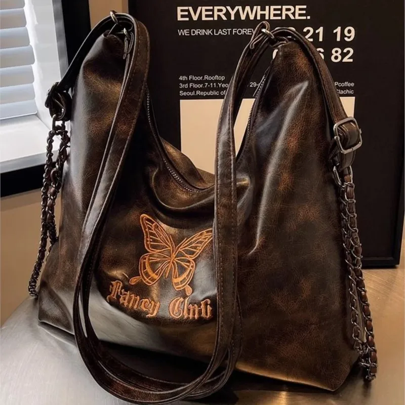 Retro Harajuku Butterfly Letter Embroidery Tote Bag Women Leather Large Capacity Shoulder Bag Ladies Hot Girl Chain Y2k Backpack