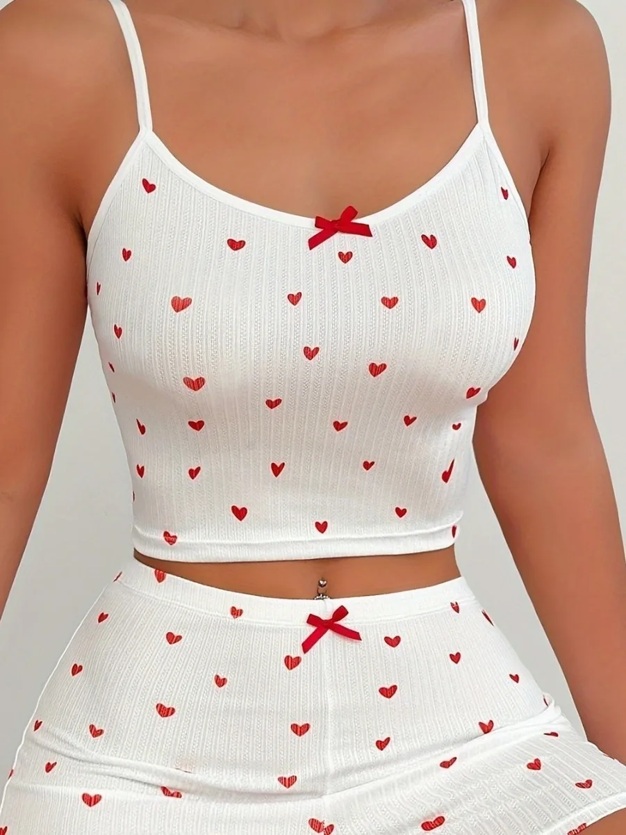 Women 2024 New Love Heart Printed Square Neck Sling Slim Short Top+high Waisted Wrap Hip Casual Shorts Two Piece Set DW43