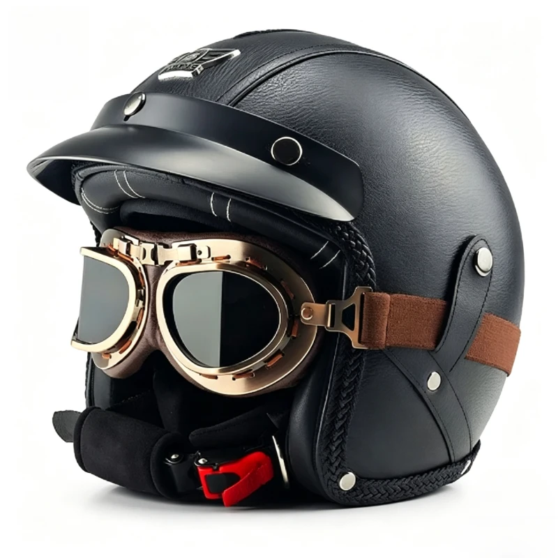 Weathered Black 3/4 Open Face Motorcycle Helmet ABS Shell Distressed PU Leather Cover Burnished Copper Bubble Goggle Cafe Racer
