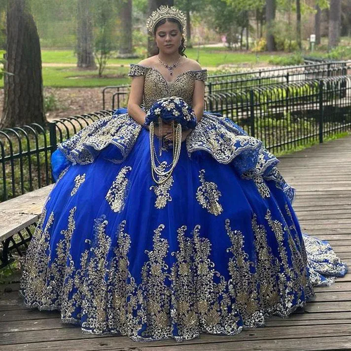 Royal Blue Quinceanera abiti Ball Gown Off The Shoulder Appliques perle Sweet 16 abiti 15 aecos Mexican