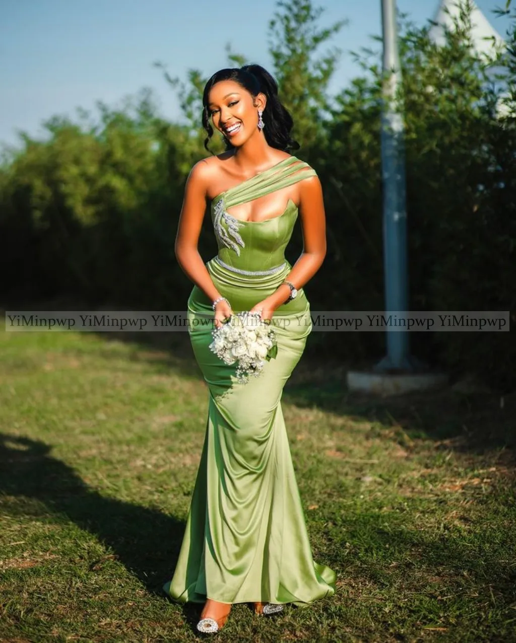 Africa Sage Green Mermaid Bridesmaid Dresses 2026 One Shoulder Garden Wedding Guest Party Gowns Maid of Honor Dress Customized