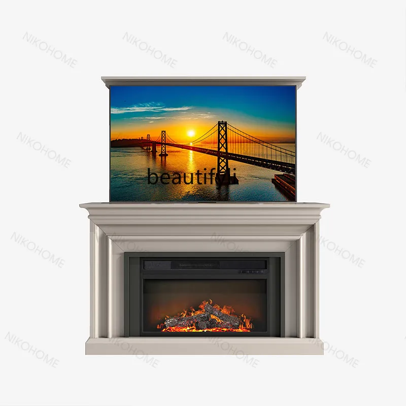 Cream wind fireplace TV cabinet Electronic simulation fire decorative   Hidden intelligent electric lifting integrated cabinet