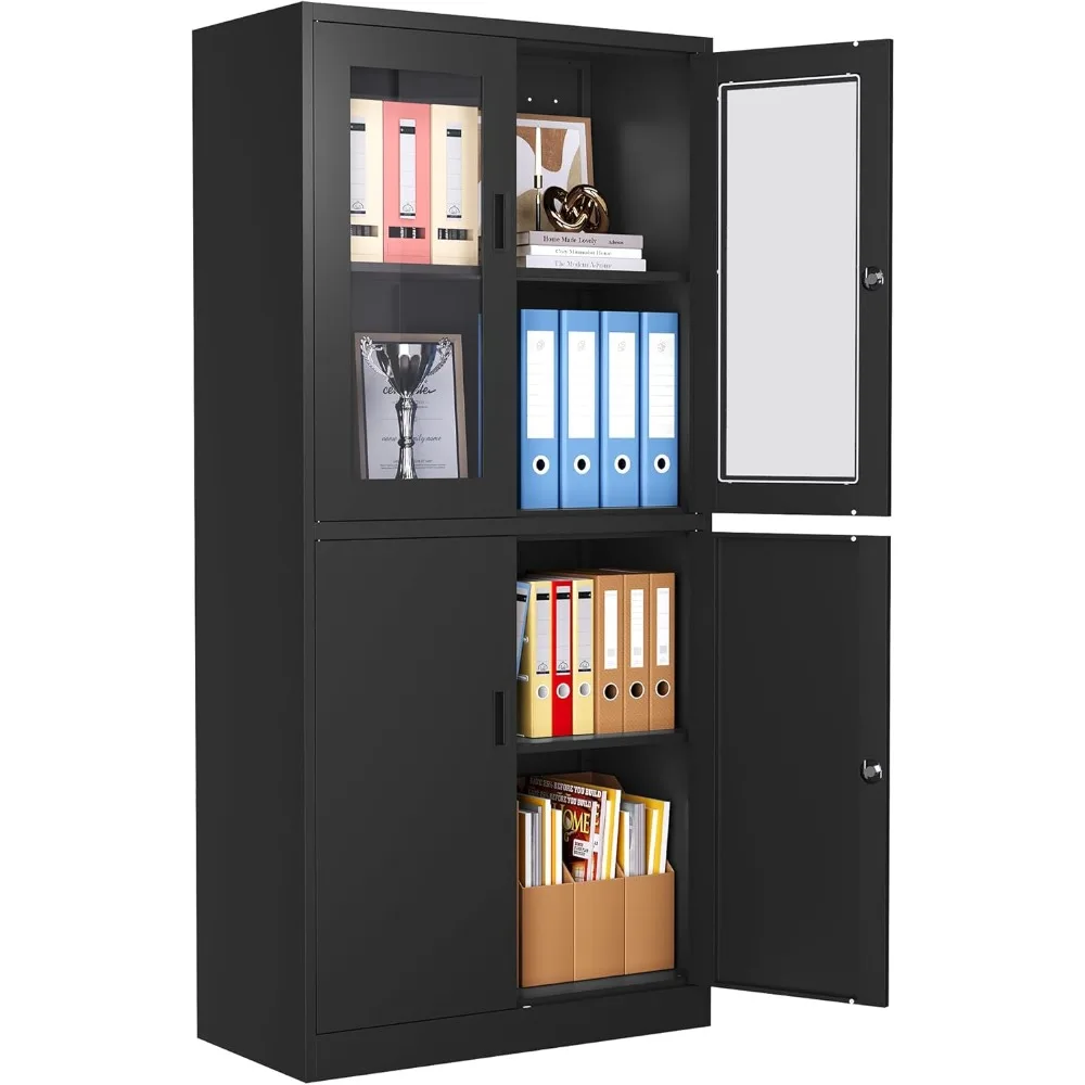 

Metal Storage Cabinet with Glass Doors, Lockable Office Storage Cabinet, 71" Tall Display Case with Adjustable Shelves for Home