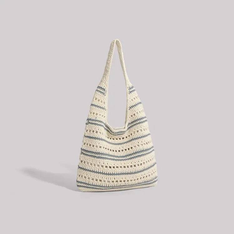 

2025 Summer Trendy Striped Cotton Hollow Handbag - Beach Tote Casual Purse for Women, Lightweight Shoulder Bag with Woven Design