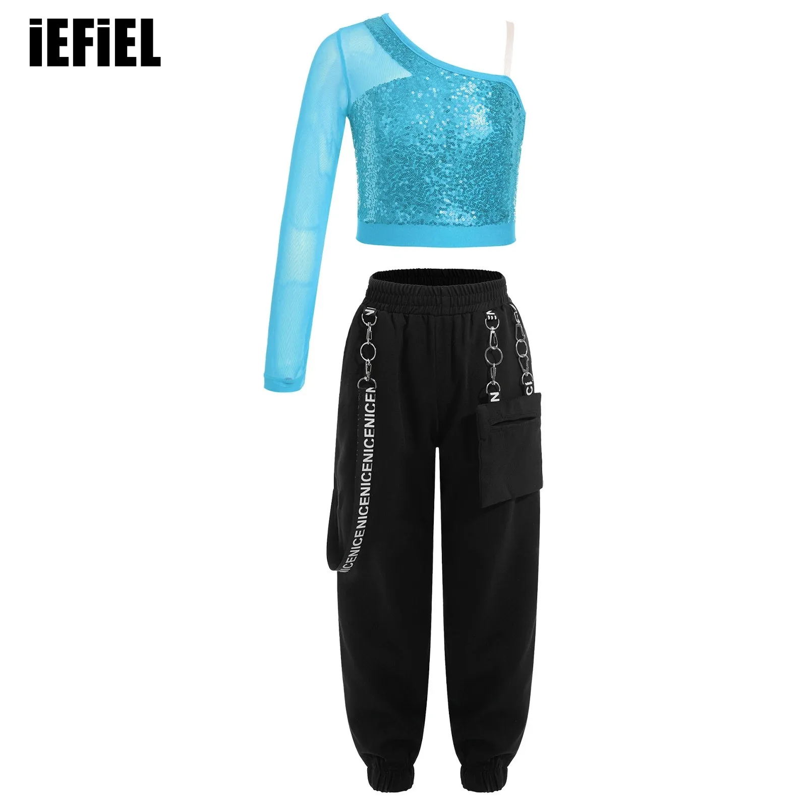 

Kids Girls Jazz Dance Outfit Sparkly Sequins Top Sheer Mesh Long Sleeve One Shoulder Crop Top with Metal Chain Pocket Pants